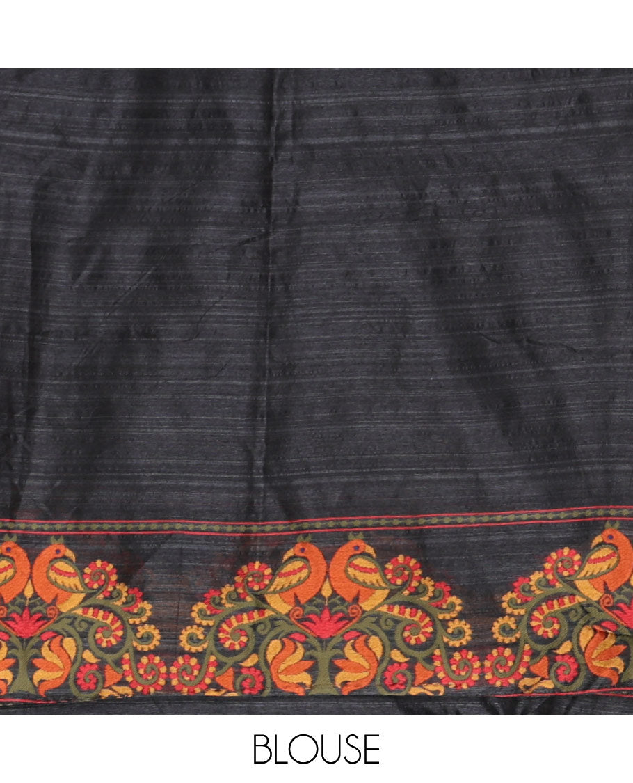 Black lotus motifs thread woven jute cotton, scallop thread woven border, pallu of lotus, peacock and paisley designs along with a plain blouse
