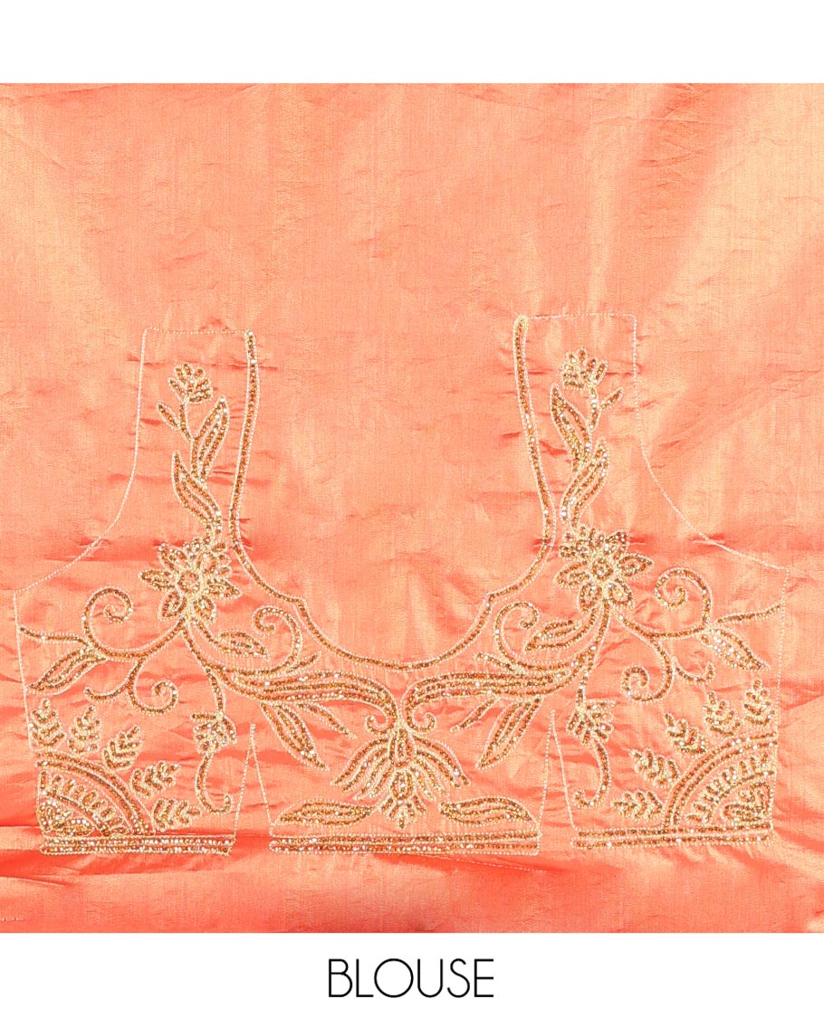 Sandal Vastrakala Silk Saree, Entralled with Jacquard and Embroidery Work, Complemented by Contrast Zari and Patch Embroidered Border, Mughal-style Design Stone Work Pallu, and Paired with Contrast Heavy Embroidered Blouse