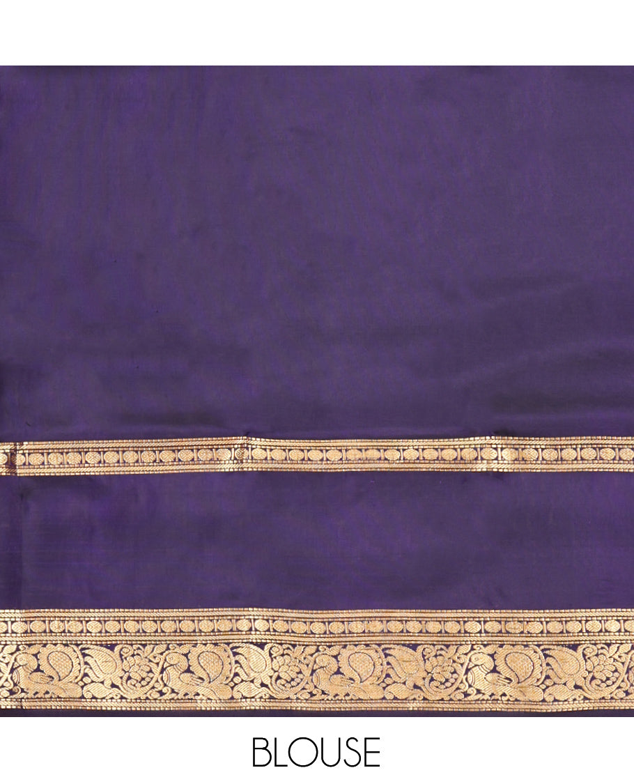 Blue Vasundhara Lite-Silk Mix Saree, Detailed with Zari Buttas, Complemented by a Contrast Border of Rudraksham and Mayil Designs, Grand Pallu, and a Contrast Blouse