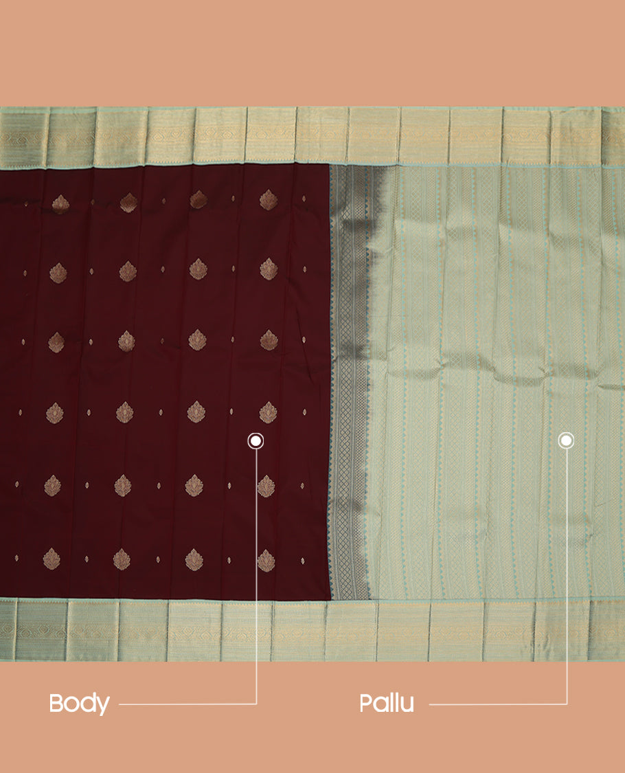 Maroon Budget Silk Saree, Delicately Woven with Zari Buttas, a Contrast Traditional Zari Border, Grand Pallu, and a Contrast Blouse