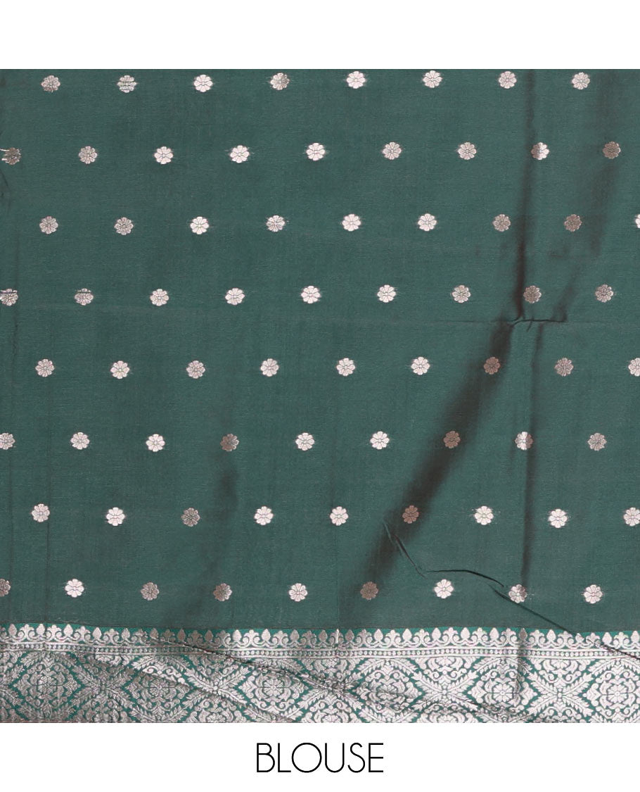 Rani pink-green  floral buttas elite soft silk saree, contrast floral buttas border, and pallu of Mughal-style intricate zari designs