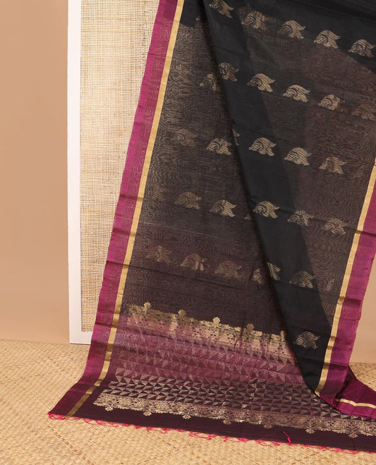 Black motifs silk cotton saree with contrast zari border & geometric design pallu
