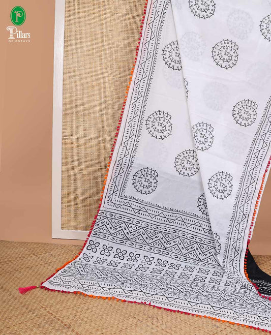 Half white Half white vorli printed design soft cotton saree with bom bom border & block printed pallu along with contrast blouse