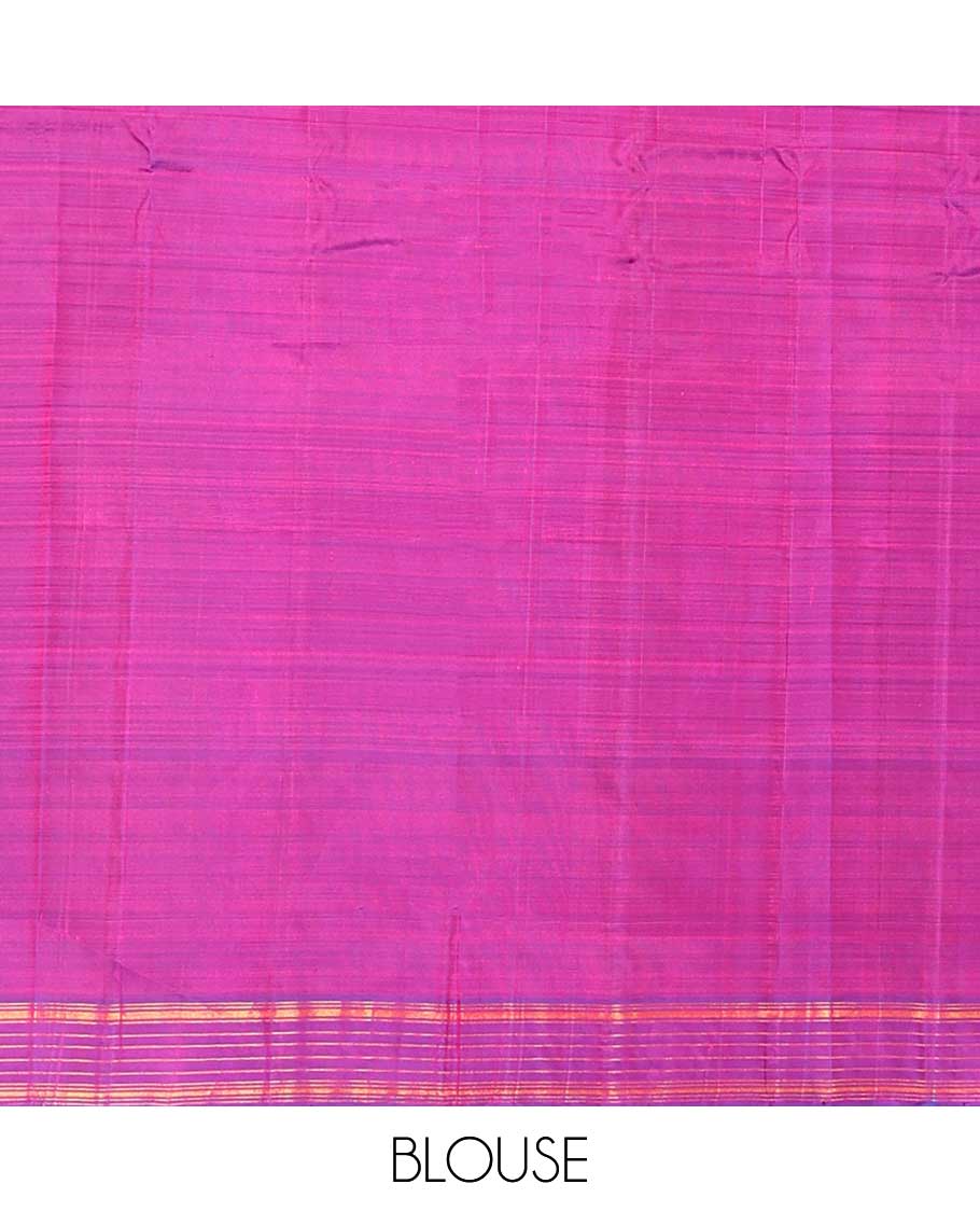 Pink checked kancheepuram silk saree with contrast zari design border & striped ,floral design pallu