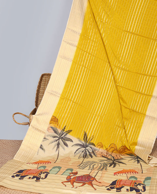 Yellow striped design art  mysore silk saree with striped zari border & Rajasthan theme design pallu