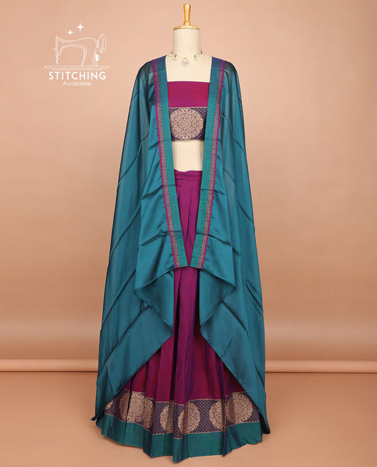 Purple cotton half saree with contrast floral design border, floral design blouse & plain, checked design border dhavani