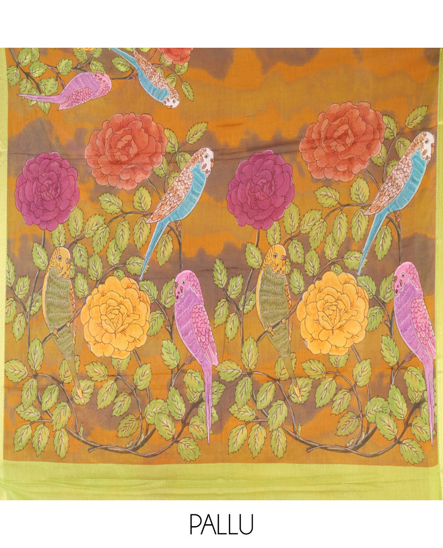 Mustard Andhra Cotton Saree, Embellished with Shibori and a Floral-Bird Print, a Contrast Zari Border, a Pallu of Floral-Bird Print, and a Contrast Blouse