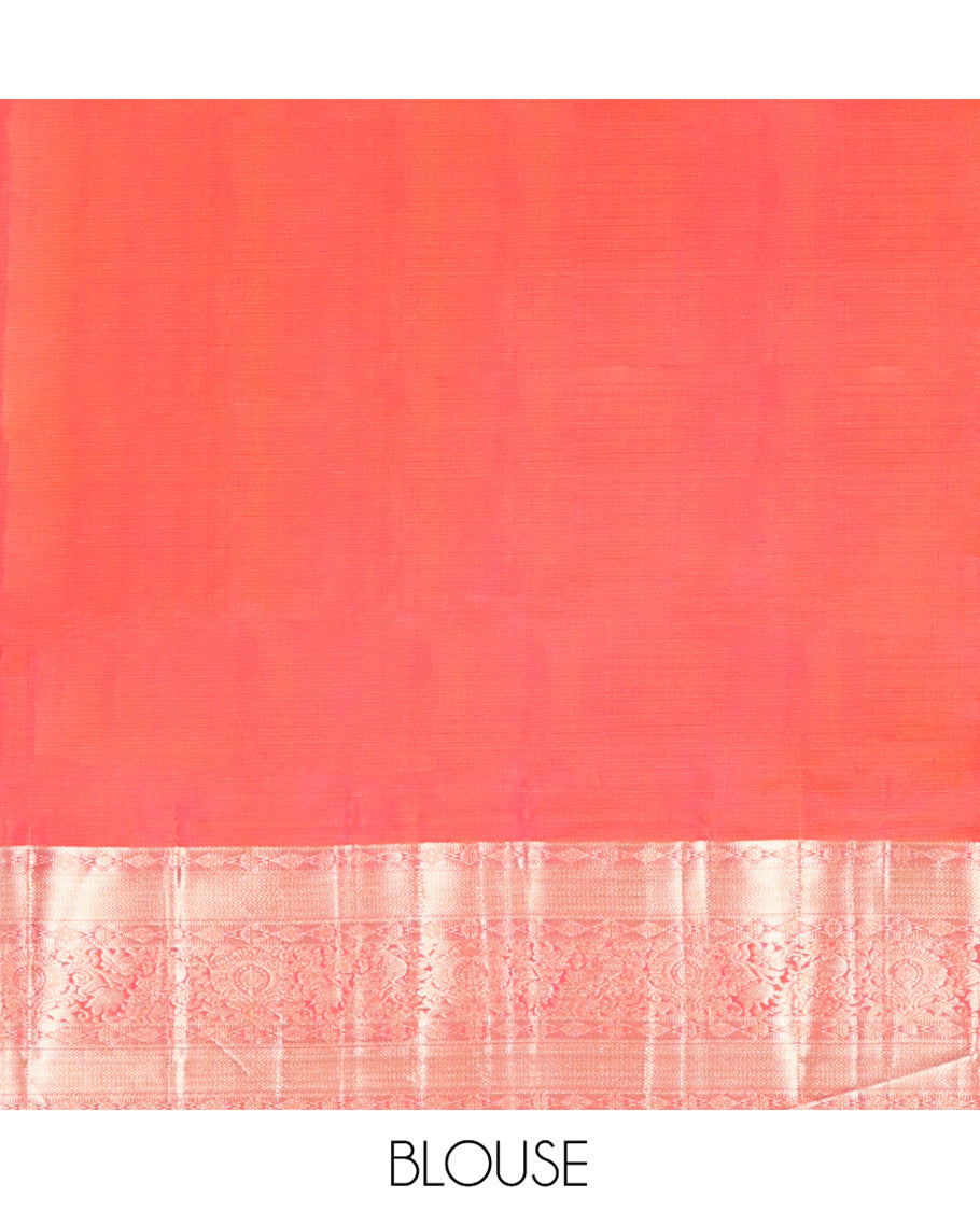 Rose and Orange Vasundhara Silk Saree, Majestically Detailed with Zari Buttas on Its Body, Highlighted by a Zari Border of Mayil, Diamond, and Vanki Designs, Richly Zari Detailed Pallu, and Paired with a Matching  Blouse