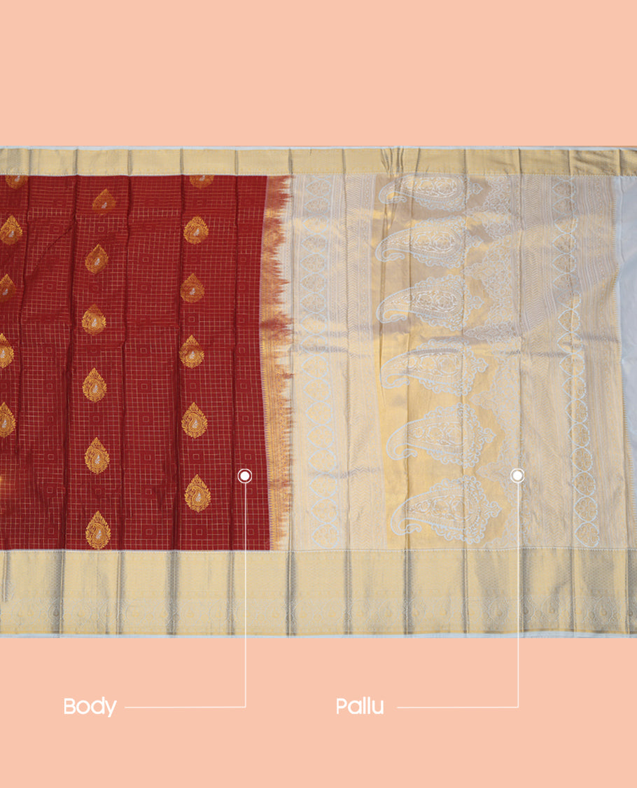Maroon Budget Silk Saree, Detailed with Zari Buttas and Checks, a Contrast Traditional Zari Border, Grand Pallu, and a Contrast Blouse