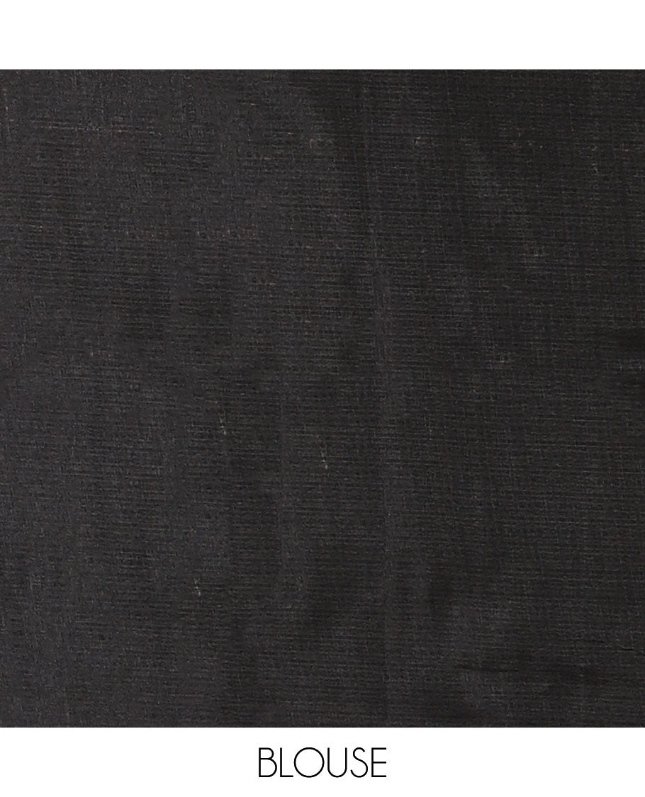 Black-base plain body khadi cotton saree with batik-style yellow-color radiant sunburst design on its border & pallu, plain black blouse