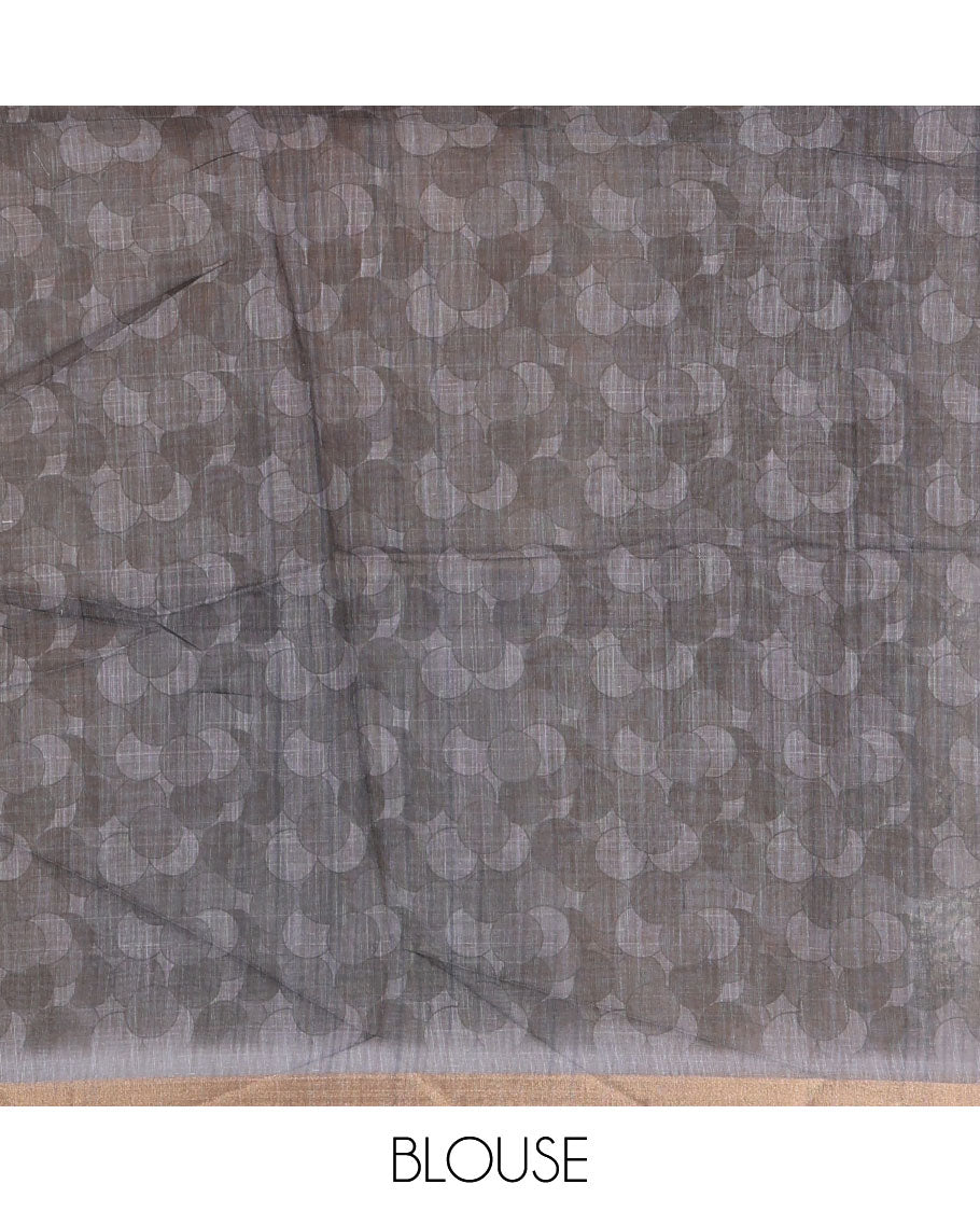 Grey polka dots printed linen cotton saree, piping border, kalamkari floral-peacock printed pallu & small polka dots printed blouse