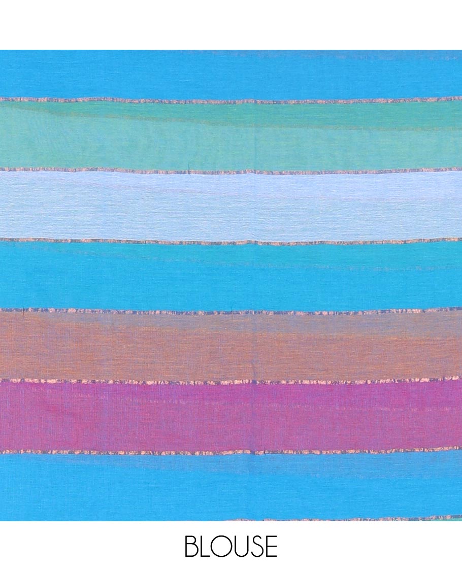 Blue rainbow-style striped Khadi mul cotton saree with piping zari border, and a matching zari striped blouse