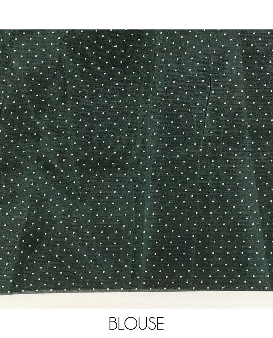 Borderless cream and green polka dots printed art khadi cotton saree, pallu steeped with polka dots, and a contrast tiny polka dots printed blouse