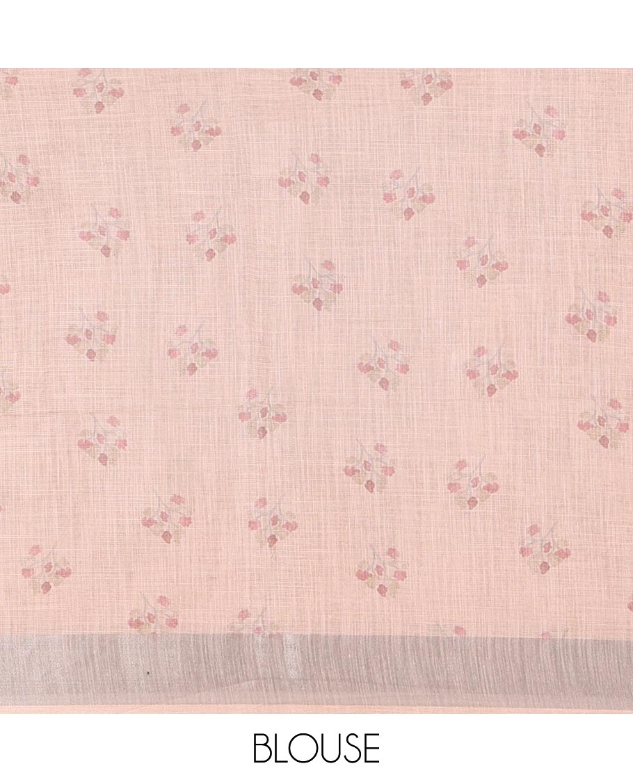 Blue floral and deer motifs printed Linen cotton saree, contrast zari border of floral creeper print, flora-fauna printed pallu, and floral motifs printed blouse