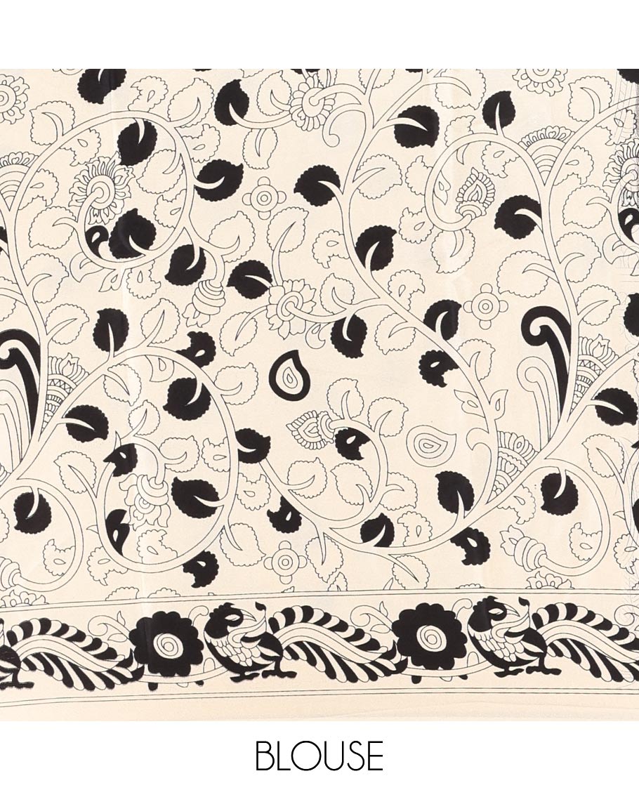 Borderless black and chikku colored kalamkari human figurines printed Gaji silk saree, kalamkari printed pallu and blouse