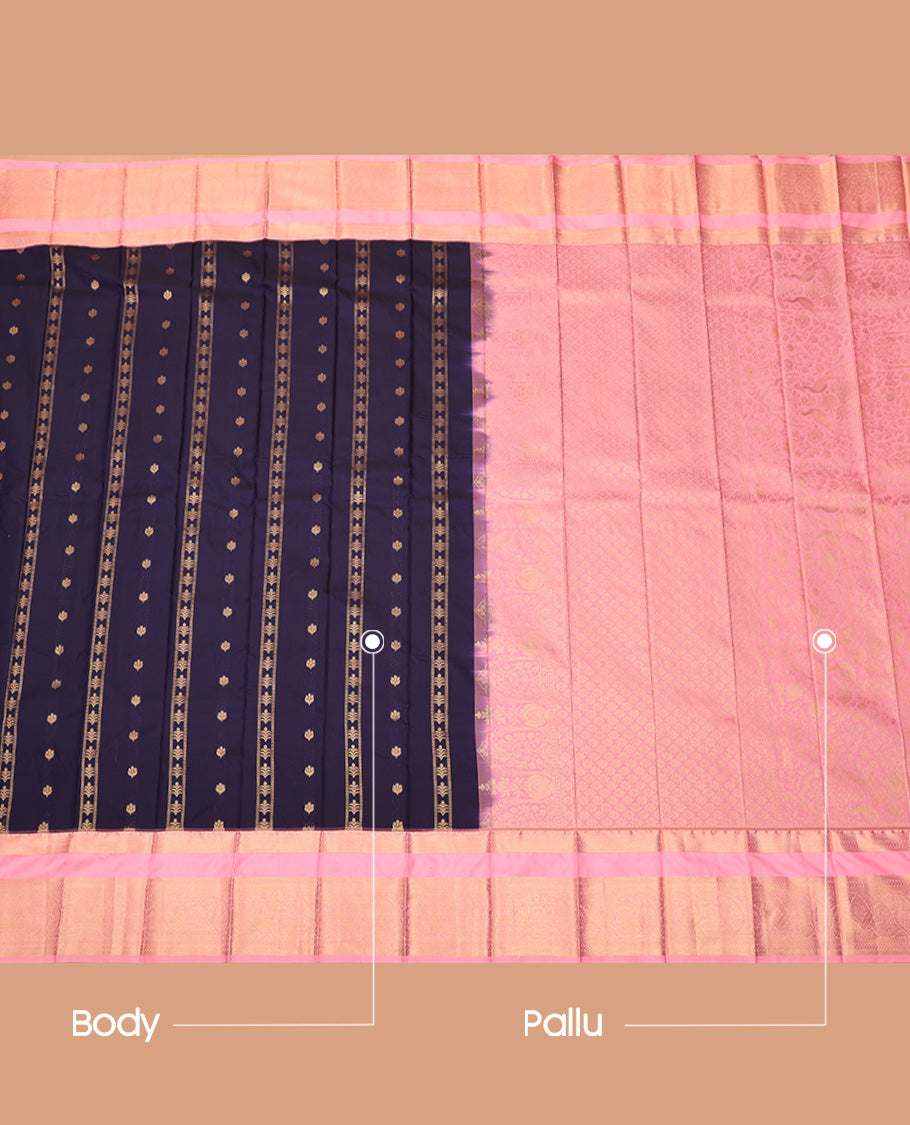 Navy Blue Budget Silk Saree, Bedecked with Zari Buttas and Stripes All Over Its Body, Complemented by a Contrast Traditional Zari Design Rettai Pettu Border, Grand Jaal Pallu, and Paired with a Contrast Blouse