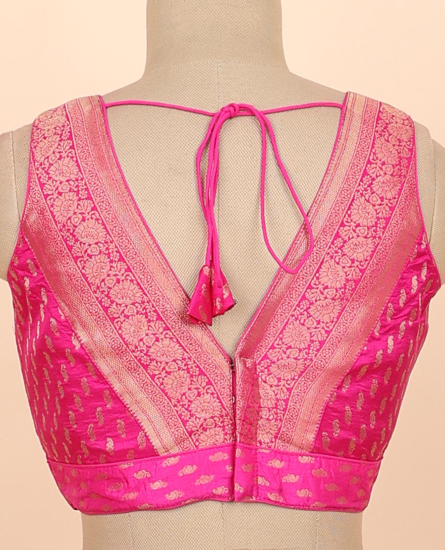 Pink intricate floral zari design front & back deep v-neck raw-silk readymade sleeveless blouse