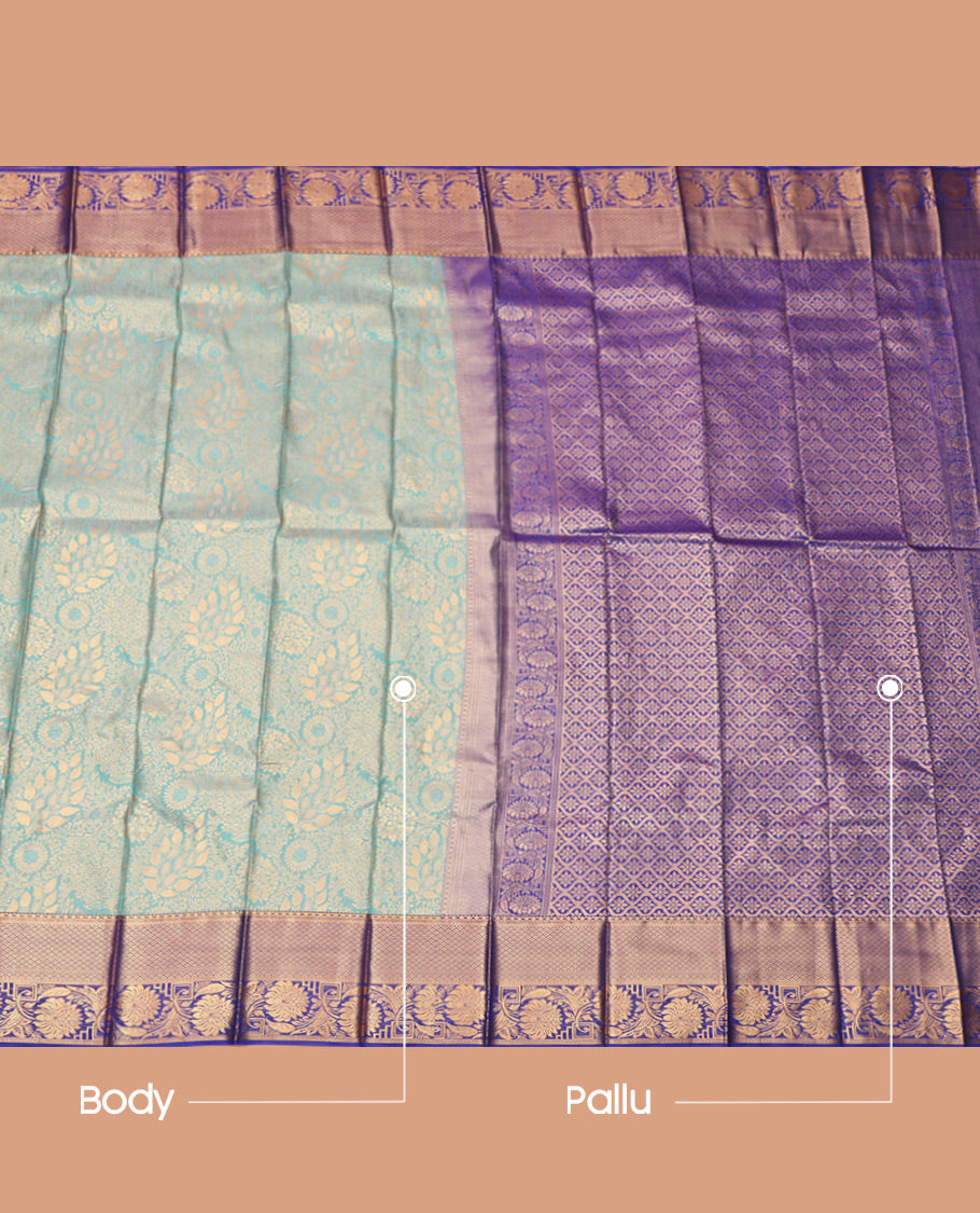 Blue Budget Silk Saree Showcasing Jacquard, Complemented by a Contrast Traditional Zari Border, Jaal Pallu, and a Contrast Blouse