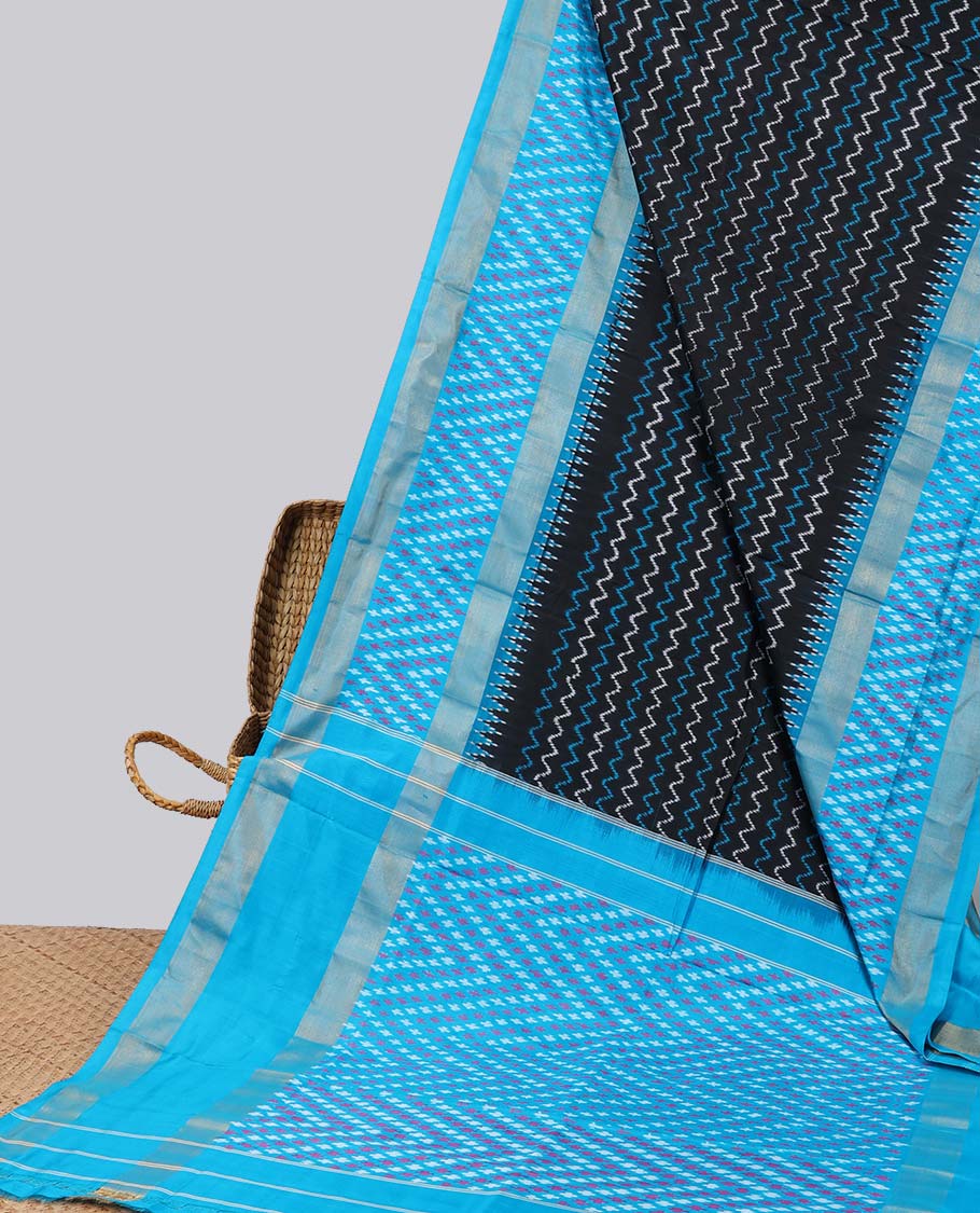 Black striped ikkat silk saree with contrast striped border & triangle stripes design pallu
