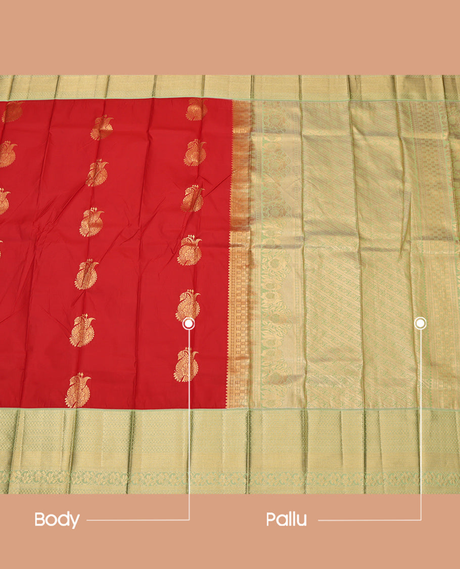 Rust Orange Budget Silk Saree, Accentuated with Zari Buttas, Complemented by a Contrast Traditional Zari Border, Intricate Pallu, and a Contrast Blouse