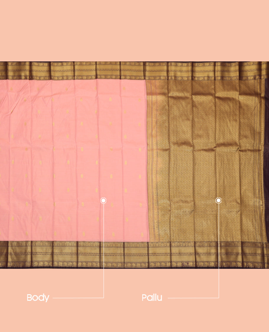 Pink Budget Silk Saree, Styled with Zari Buttas and Stripes, Complemented by Contrast Traditional Zari Border, a Jaal Pallu and a Contrast Blouse