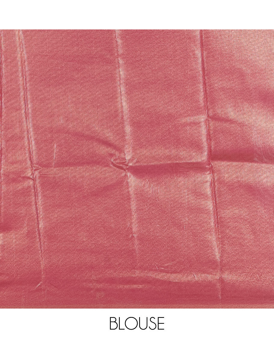 Peach antique buttas tissue silk saree, contrast satin zari border of half-moon motifs, pallu of temple design pallu, and contrast butta blouse