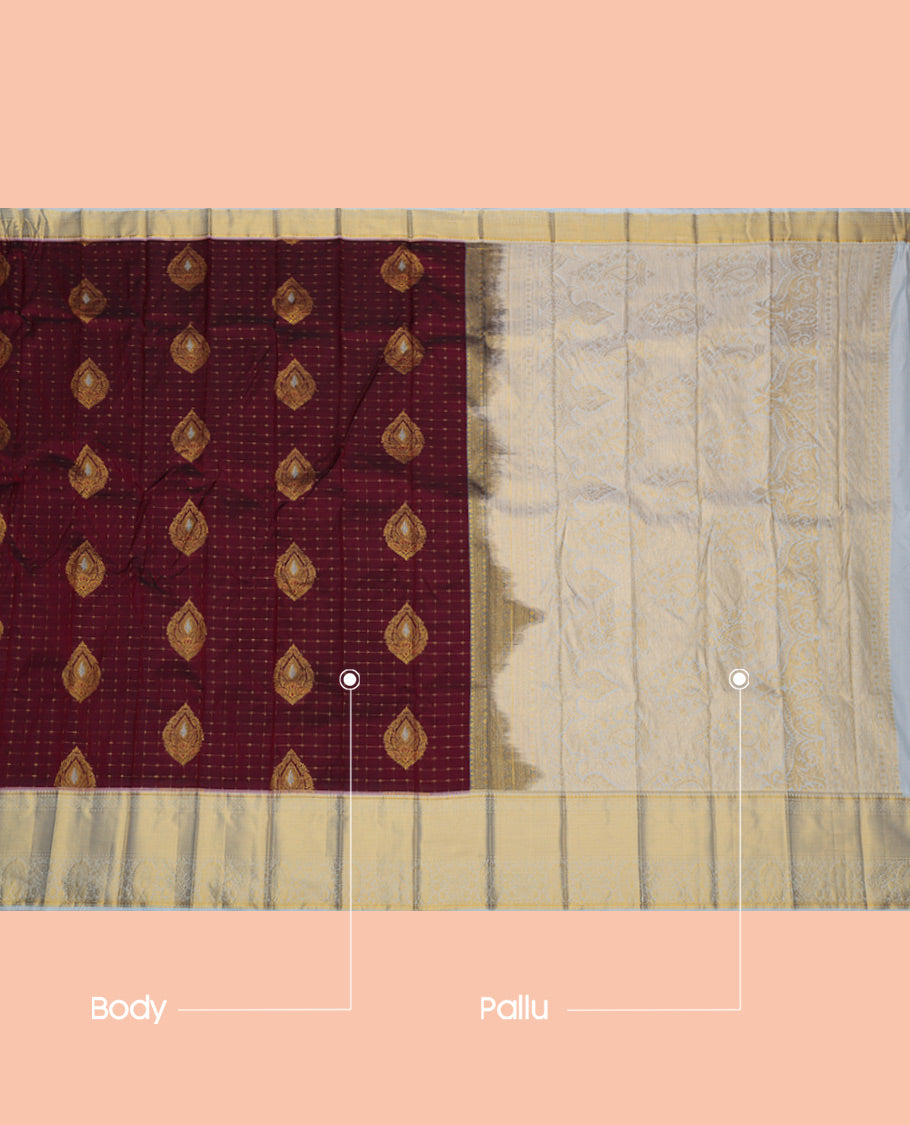 Maroon Budget Silk Saree, Adorned with Zari Buttas and Checks, a Contrast Traditional Zari Border, Grand Pallu, and a Contrast Blouse