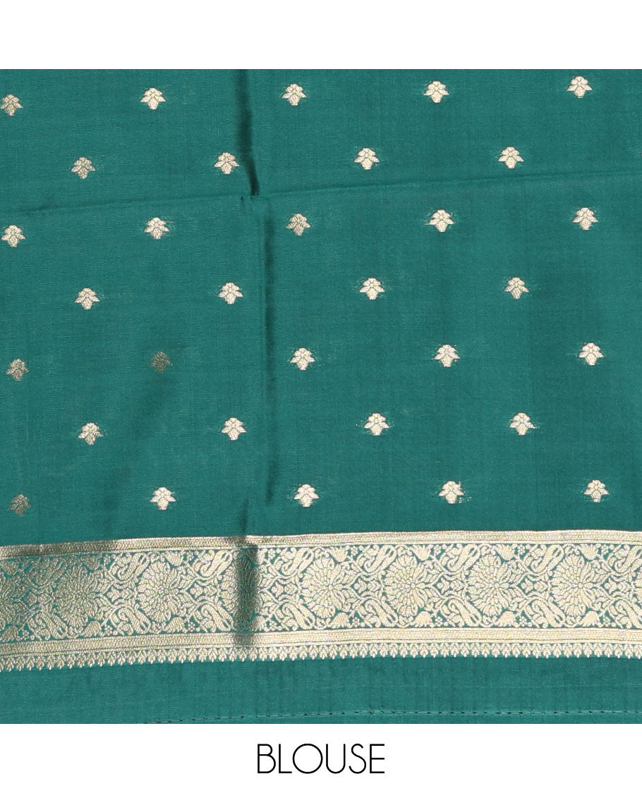 Borderless green floral and elephant buttas zari woven kanchi silk saree, intricate pallu, and matching zari design blouse