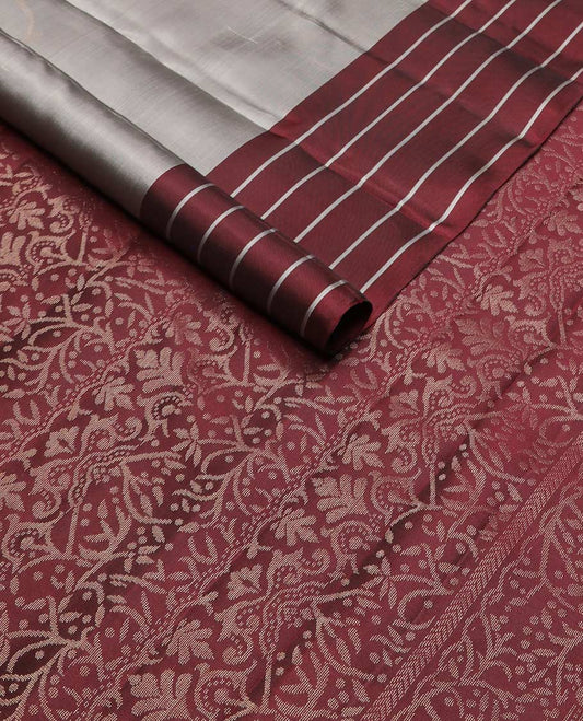 Grey zari buttas silk mix saree, contrast striped border & pallu of floral designs