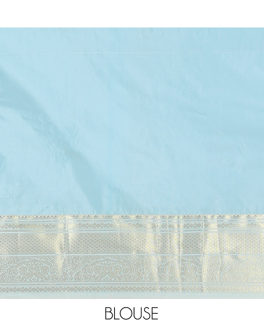 Blue Budget Silk Saree, Steeped in Richness of Zari Buttas on Its Body, Complemented by a Contrast Traditional Zari Design Border, Intricately Designed Pallu, and Paired with a Contrast Blouse