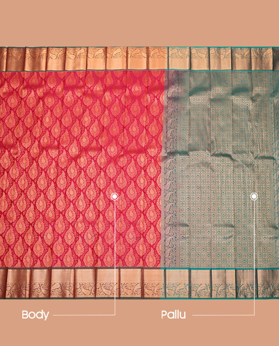 Red Budget Silk Saree, Woven with Jacquard Design, Complemented by a Contrast Traditional Zari Border, Intricate Pallu, and a Contrast Blouse