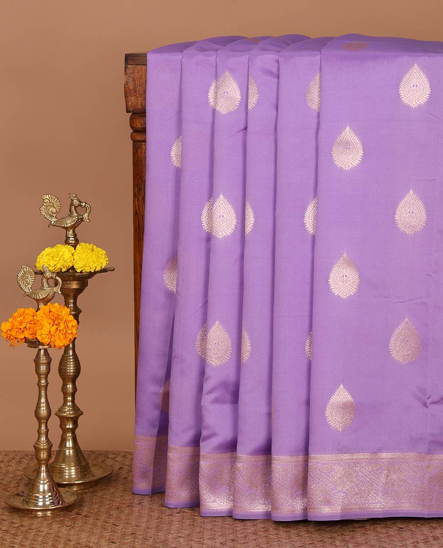 Lavender rose copper zari buttas elite soft silk saree,traditional zari border, intricately woven pallu & flower zari butta blouse
