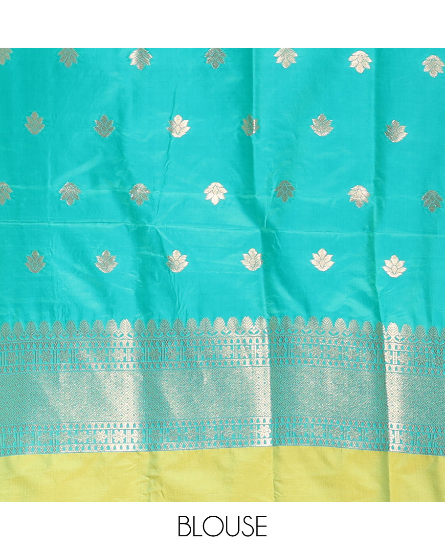 Borderless green chakra buttas enclosed, checked elite soft silk saree, contrast ogee patterned pallu, and contrast zari design blouse