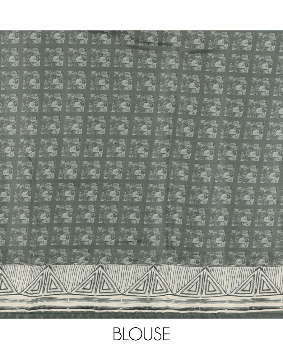 Olive green floral print & multi-color floral thread embroidered fancy tussar silk saree, triangle motif print & embroidered border & matching blouse of print & embroidery