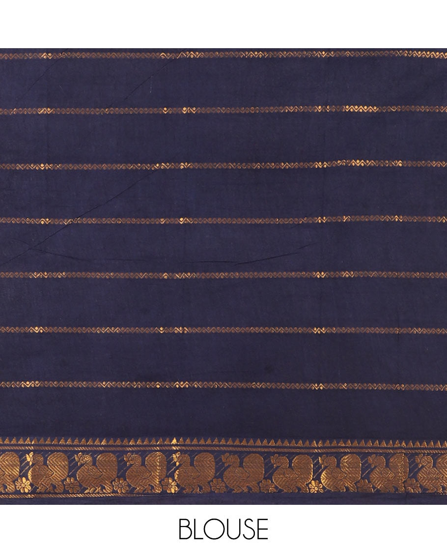 Rama green kolam motifs printed Sungudi cotton saree, contrast rettai pettu rudraksham motif border, striped pallu & contrast zari checked blouse