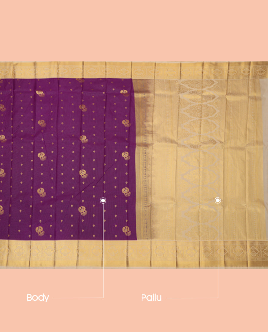 Purple Budget Silk Saree, Decorated with Stripes and Peacock Buttas, a Contrast Traditional Elephant Zari Border, a Grand Pallu and a Contrast Blouse