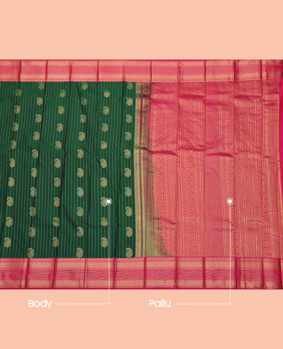 Bottle Green Budget Silk Saree, Detailed with Paisley Buttas and Stripes All Over Its Body, Complemented by a Contrast Traditional Zari Border, Grand Pallu, and Paired with a Contrast Blouse