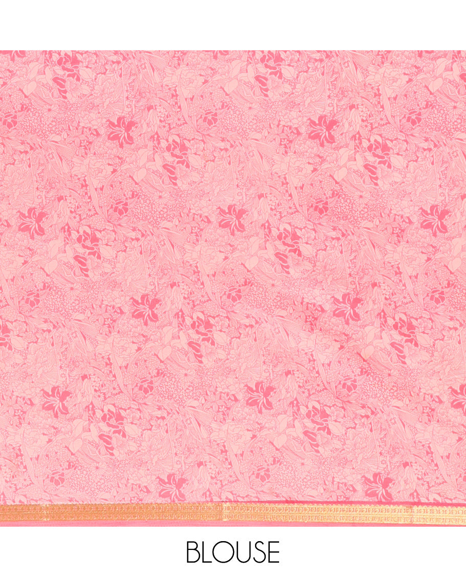 Pink Printed Silk Saree, Bedecked with Floral Vine Print, a Traditional Zari Border, Self-Pallu, and a Matching Blouse