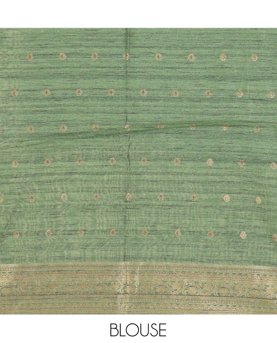 Borderless Navy Blue-Green Jute Cotton Saree, Adorned with Zari Buttas, Contrast Intricate Pallu, a Contrast Blouse