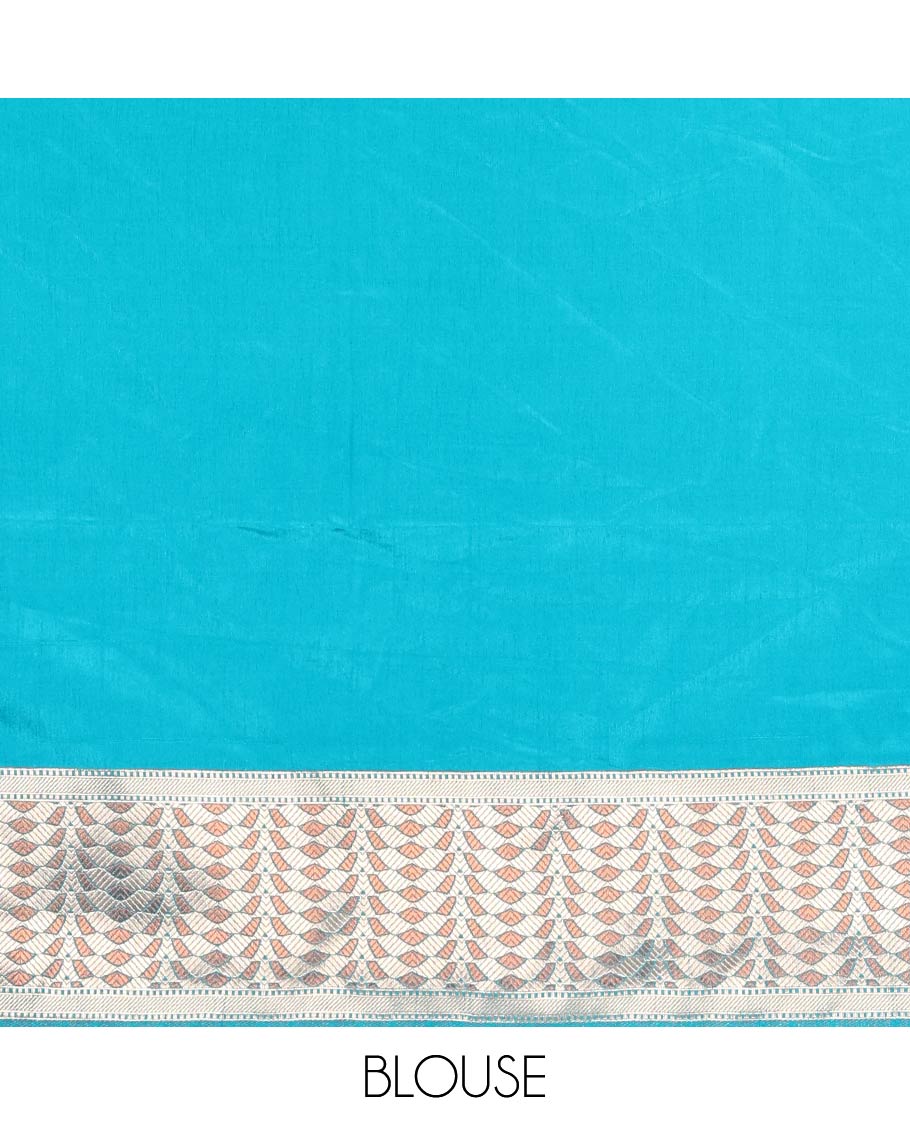 Blue leaf zari buttas dola silk saree, geometric patterned zari border, pallu of geometric pattern & diagonal stripes & plain blouse