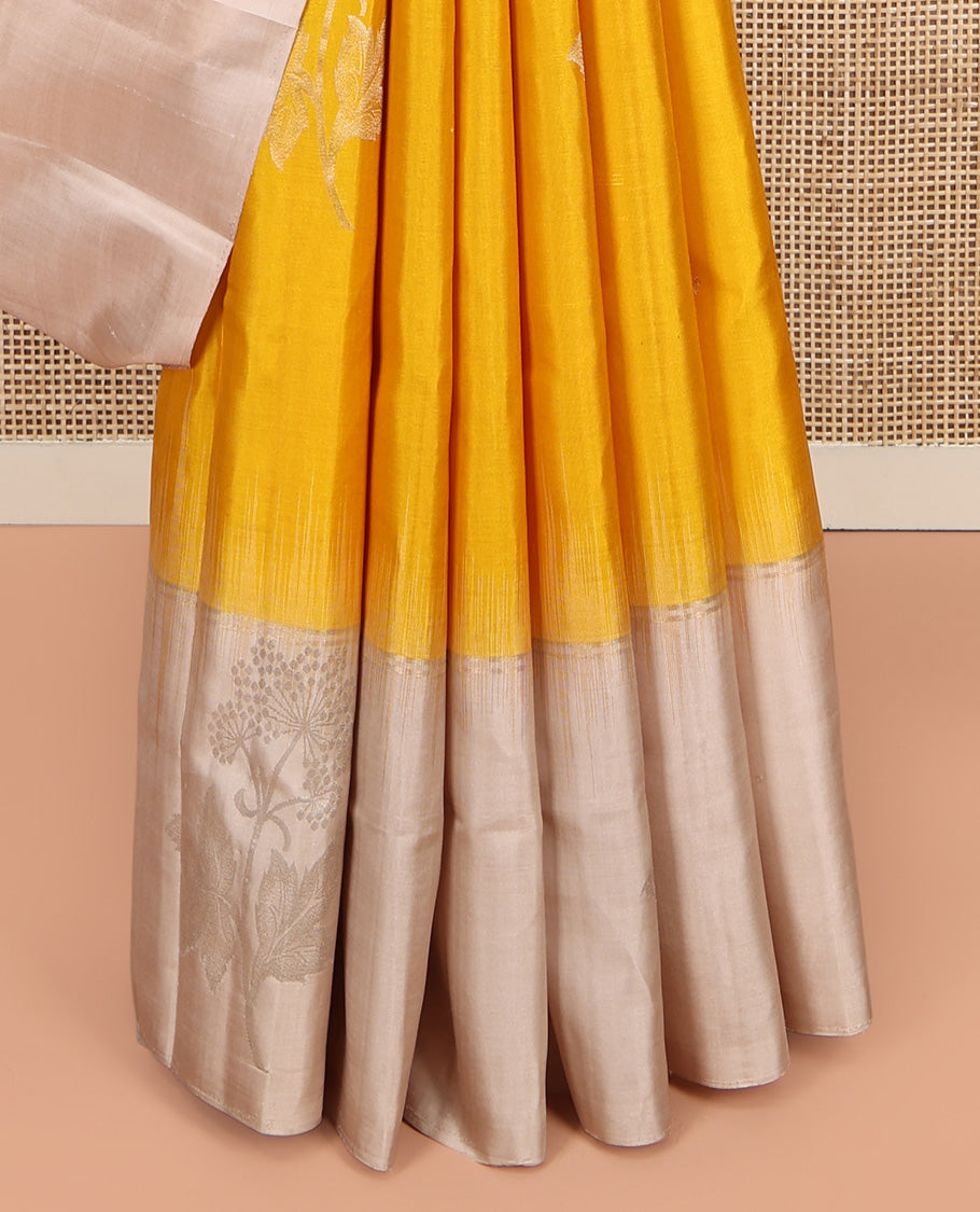 Yellow Mayuri Soft Silk Saree, Finely Crafted with Floral Buttas, Complemented by a Contrast Floral Border, Pallu of Geometric Design, and a Contrast Blouse