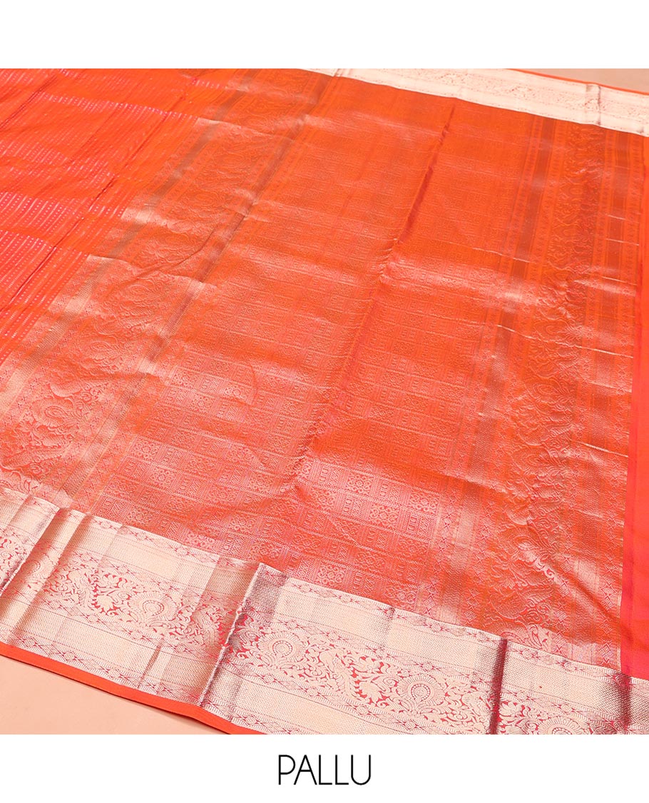 Rose and Orange Vasundhara Silk Saree, Majestically Detailed with Zari Buttas on Its Body, Highlighted by a Zari Border of Mayil, Diamond, and Vanki Designs, Richly Zari Detailed Pallu, and Paired with a Matching  Blouse