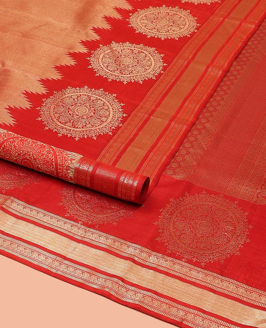 Red Kanchipuram Wedding Silk Saree, Gleamed Up with Zari and Chakram Designs on Its Body, Highlighted by a Zari Border of Muthu, Kamalam, and Vanki Designs, Intricately Designed Pallu, and Paired with a Matching Blouse