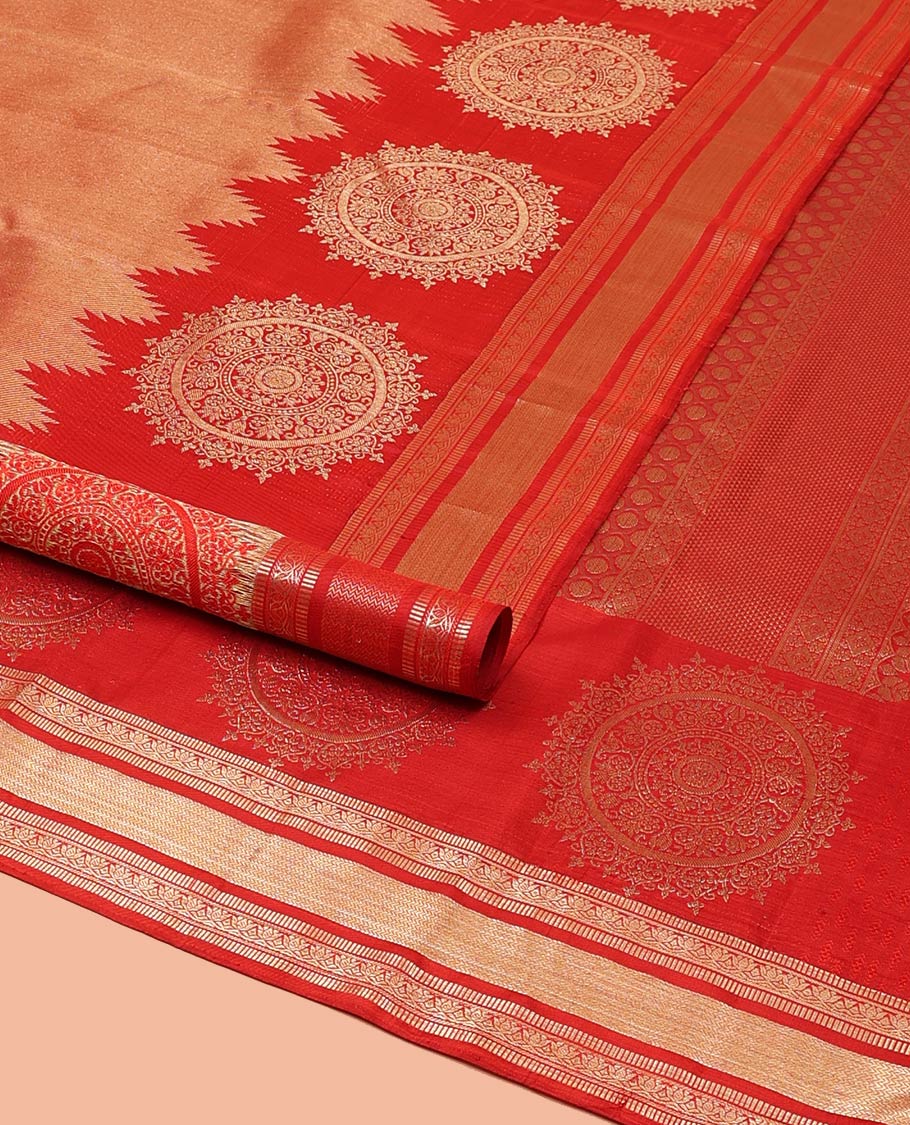 Red Kanchipuram Wedding Silk Saree, Gleamed Up with Zari and Chakram Designs on Its Body, Highlighted by a Zari Border of Muthu, Kamalam, and Vanki Designs, Intricately Designed Pallu, and Paired with a Matching Blouse