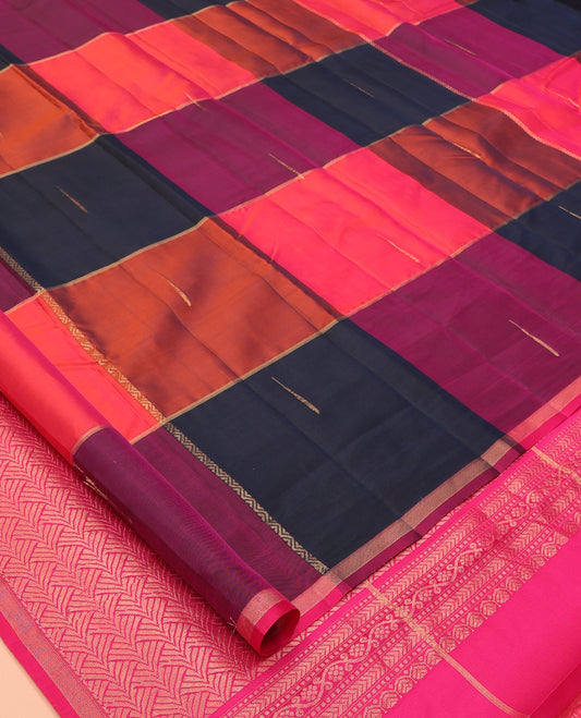 Multi-Color Checked Vasundhara Lite Silk Mix Saree, Elevated with Malli Mokku Buttas, a Zari Border, Intricate Pallu, and a Contrast Blouse