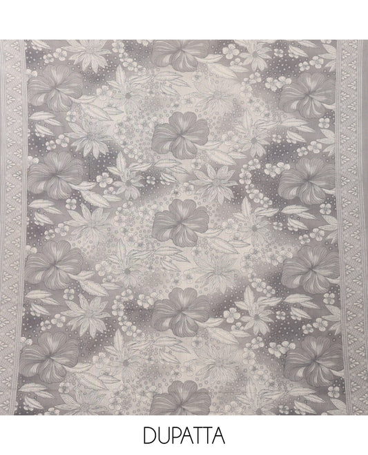 Grey cotton chudidar material set,floral print & neck sequin embroidery top,stripes printed bottom & floral printed dupatta