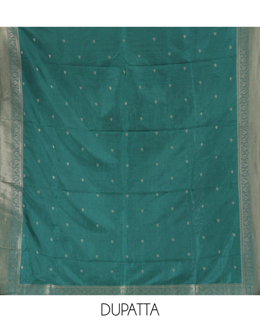 Green Semi-Silk Material Churidar Features Zari Buttas Woven Top, a Santoon Bottom, and Zari Design Dupatta