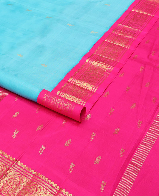 Light blue buttas kancheepuram silk saree with contrast korvai intricate zari design border & floral design pallu