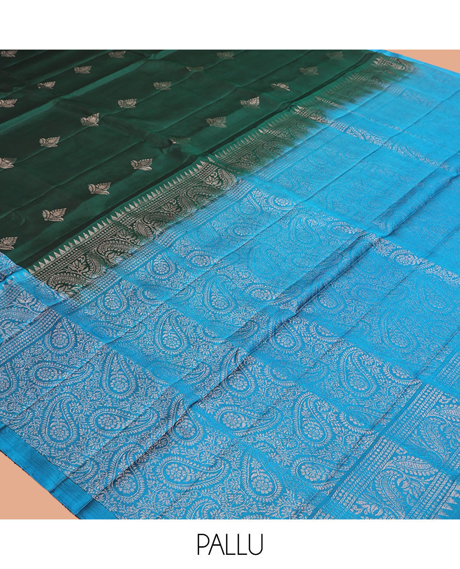 Green Mayuri Lite Silk Mix Saree, Detailed with Zari Buttas on Its Body, Complemented by a Contrast Border of Manga Designs, Pallu of Manga Designs, and Paired with a Contrast Blouse