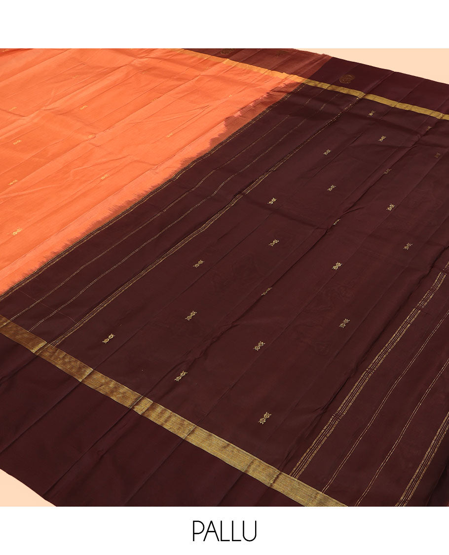 Orange Kanchipuram Silk Saree, Woven with Zari Buttas, Complemented by Contrast Manga-Thazampoo Rekku Border, Pallu of Zari Design, and a Contrast Blouse